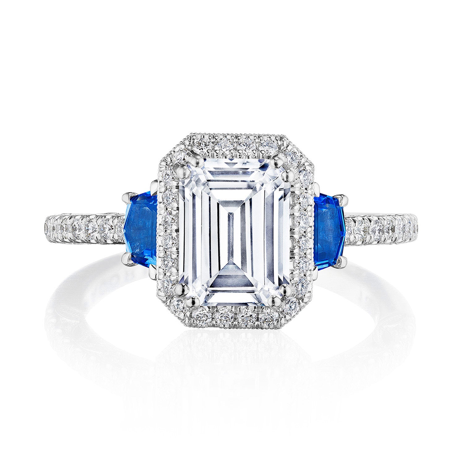 Emerald 3-Stone Engagement Ring with Blue Sapphires