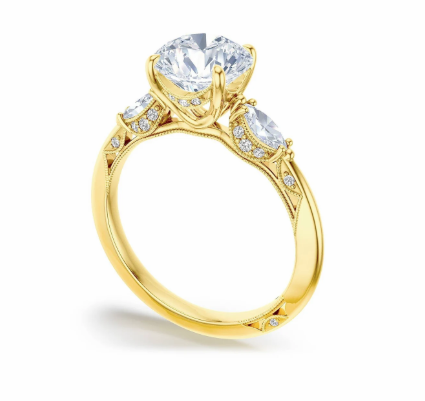 18K Yellow Gold 3 Stone Semi Mount Engagement Ring